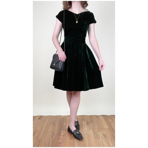 Vintage 1950s Swing Dress Velvet Mini Midi Old Money Luxury Mid Century 40s 50s - Picture 5 of 8
